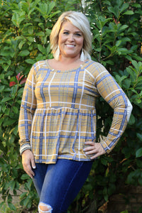 Shay Mustard Plaid Baby Doll Top with Elbow Patch