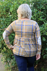 Shay Mustard Plaid Baby Doll Top with Elbow Patch
