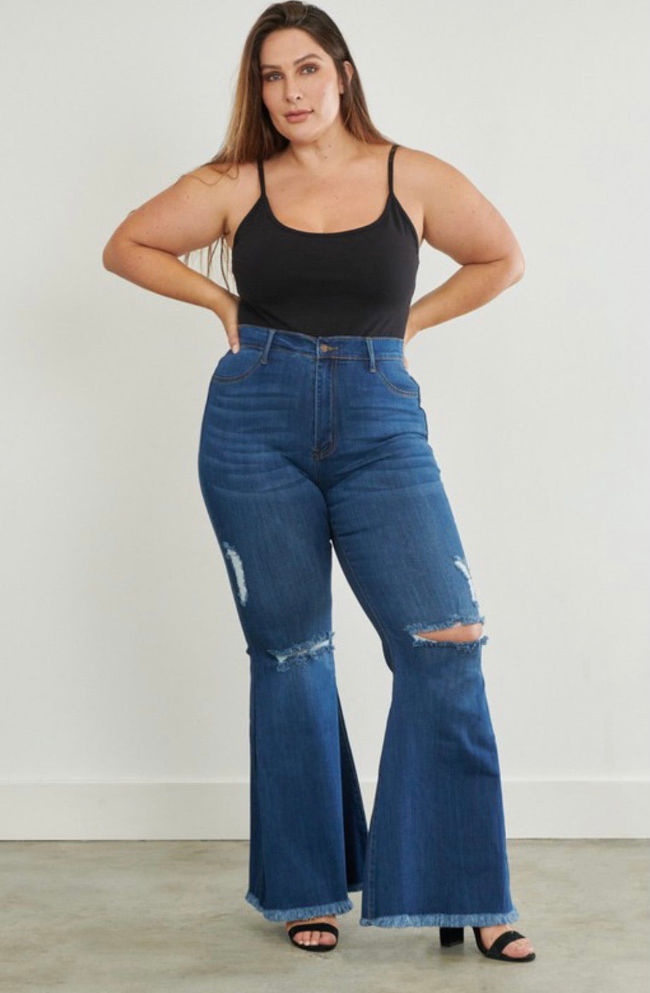 Willow Distressed Bell Bottom Jeans-Curvy